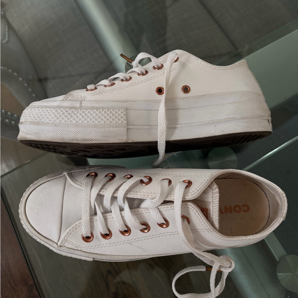 Converse White Low-Top Canvas Sneakers with Rose Gold Eyelets
